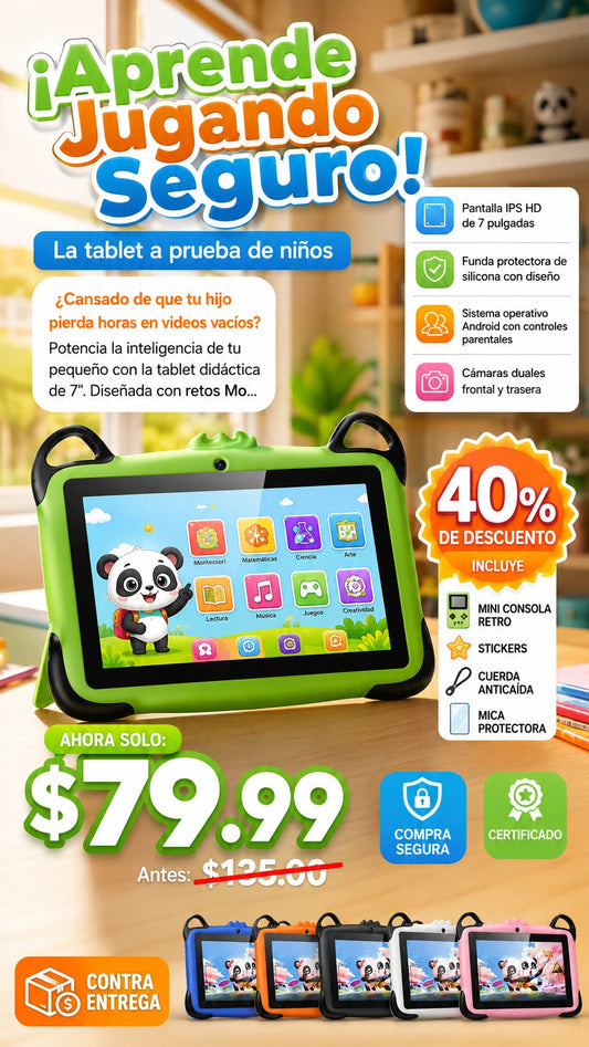 Tableta Educativa para Niños de 7 Pulgadas con Funda de Panda