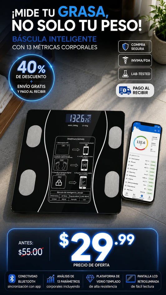 Báscula Digital Inteligente Inalámbrica con Bluetooth para Análisis Corporal