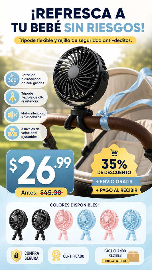 Ventilador Portátil para Cochecito con Trípode Flexible y Rotación 360°