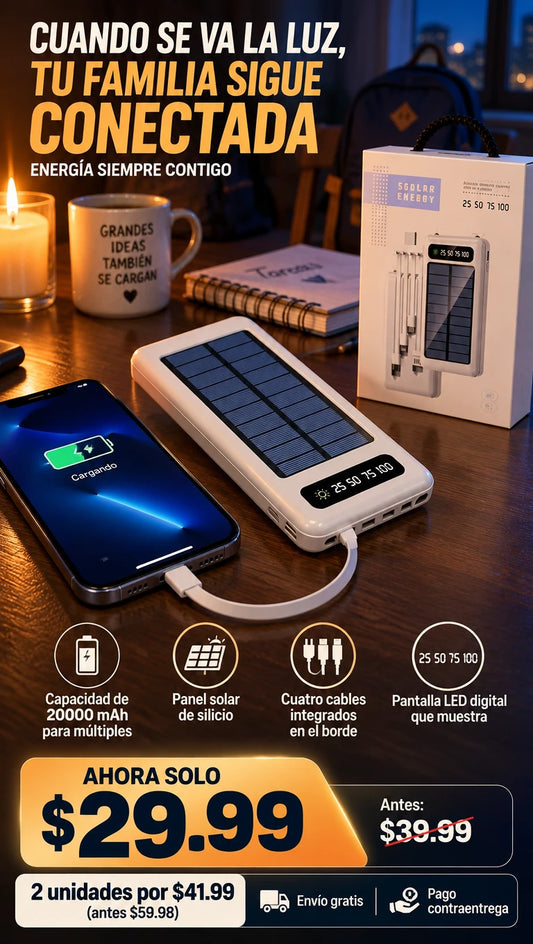 Banco de Energía Solar Portátil de 20000 mAh Entrada Micro USB Tipo - C