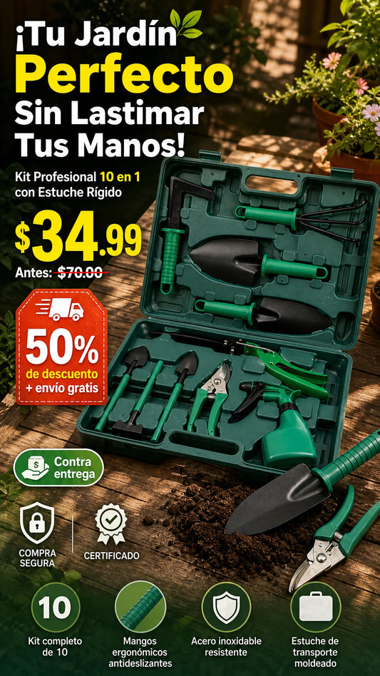 Juego de Herramientas de Jardinería de 10 Piezas con Estuche Rígido