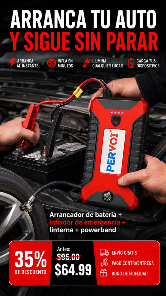 Arrancador de bateria + inflador de emergencia + linterna + powerband