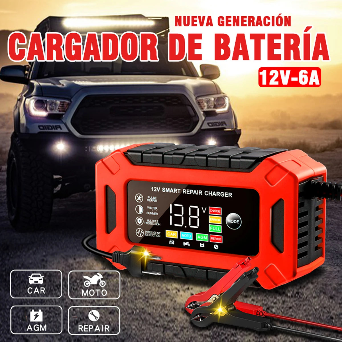 Cargador de Batería Portátil Multivehículo de 12V/6A para Coche y Motocicleta