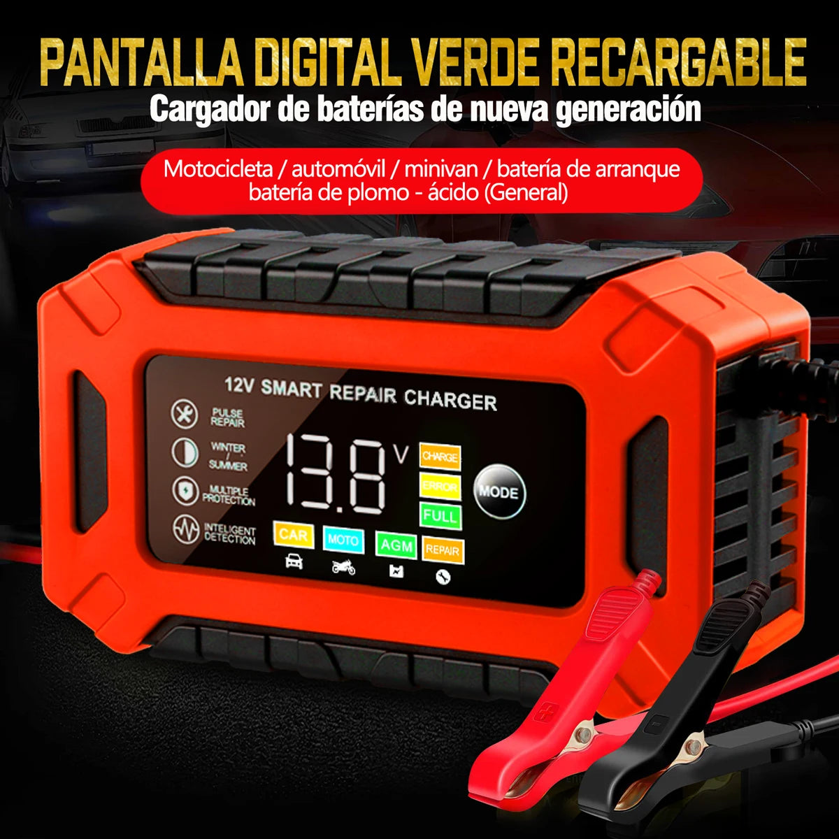 Cargador de Batería Portátil Multivehículo de 12V/6A para Coche y Motocicleta